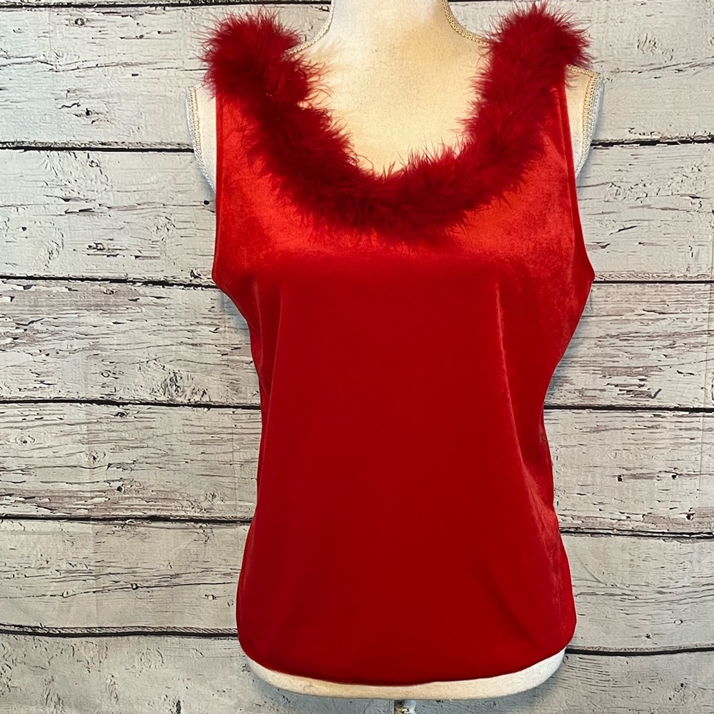 CINEMA ETOILE Women's Vintage 90's/Y2K Velvety Red Tank Top Feather Neck-M
